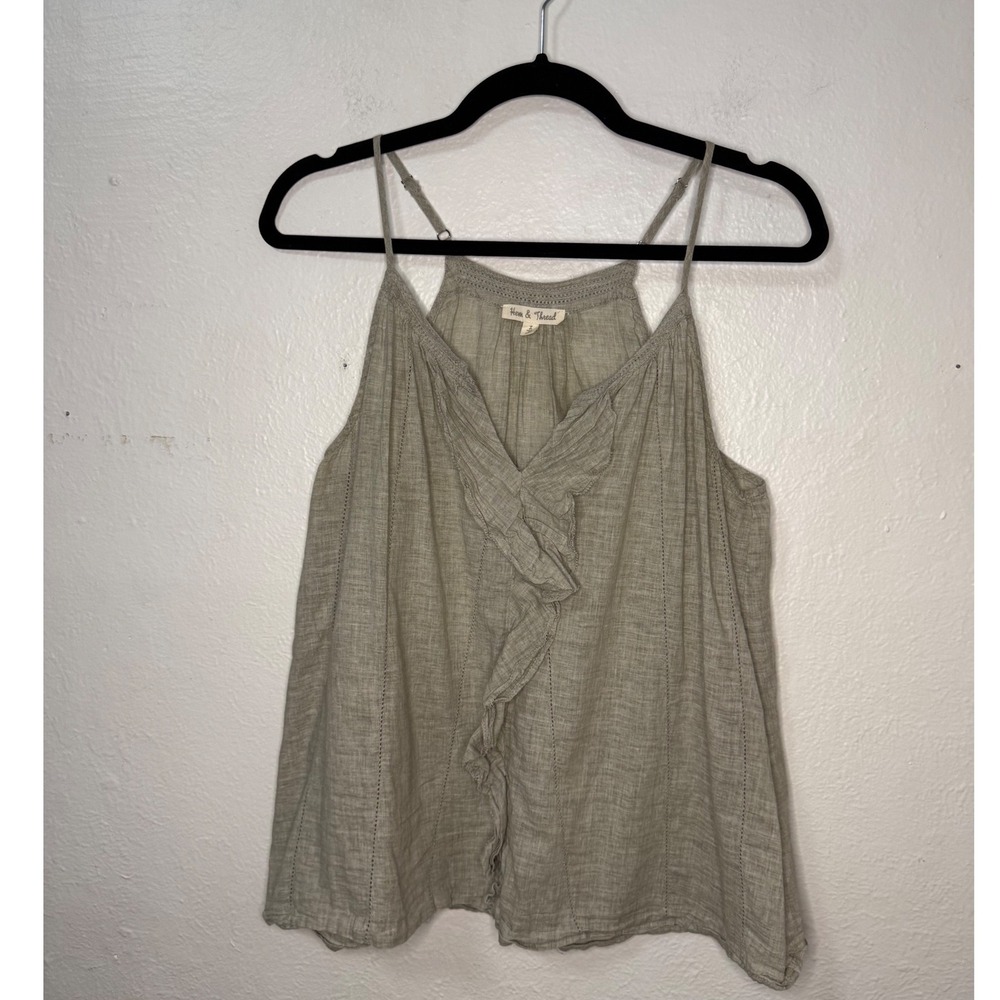 Hem & Thread Women's Large Tank Top Grey Ruffled Lightweight Gauze Cotton Boho‎